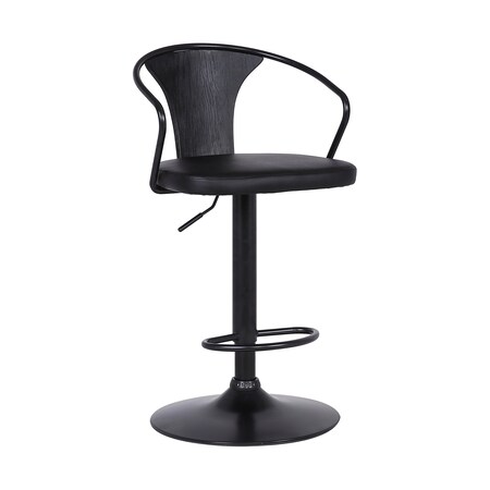 Armen Living Eagle Adjustable Height Swivel Black Faux Leather and Black Wood Bar Stool with Black Metal Base LCEASWBABLBL